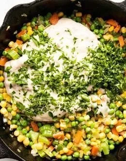 Vegetarian Tater Tot Casserole with colorful vegetables and crispy tater tots