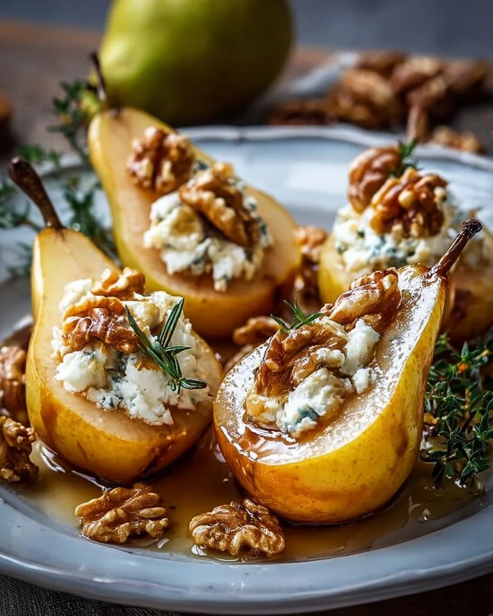 Warm pears drizzled with honey, topped with goat cheese and walnuts on a plate.