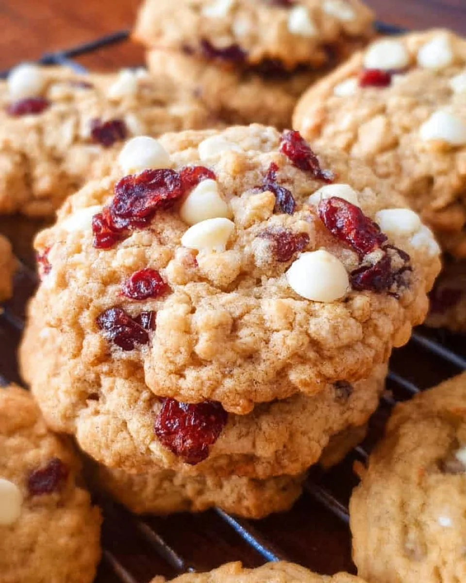 Plate of homemade white chocolate cranberry oatmeal cookies with a glass of milk